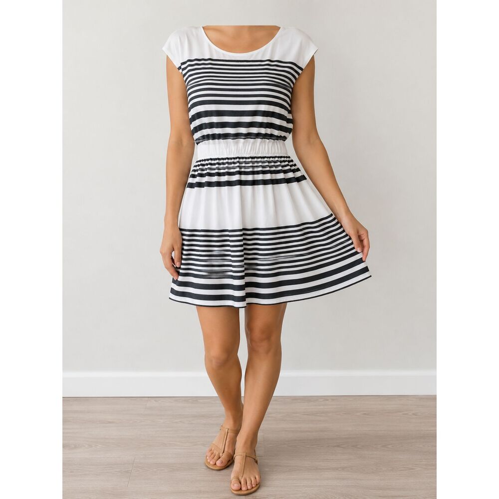 Gibson Latimer Black White Striped Dress Size L Cap Sleeve Stretch NWT